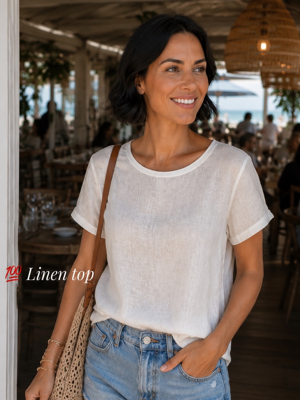 🌸H&M White Linen Short-Sleeve Top size S coastal resort vacation beach bohemian